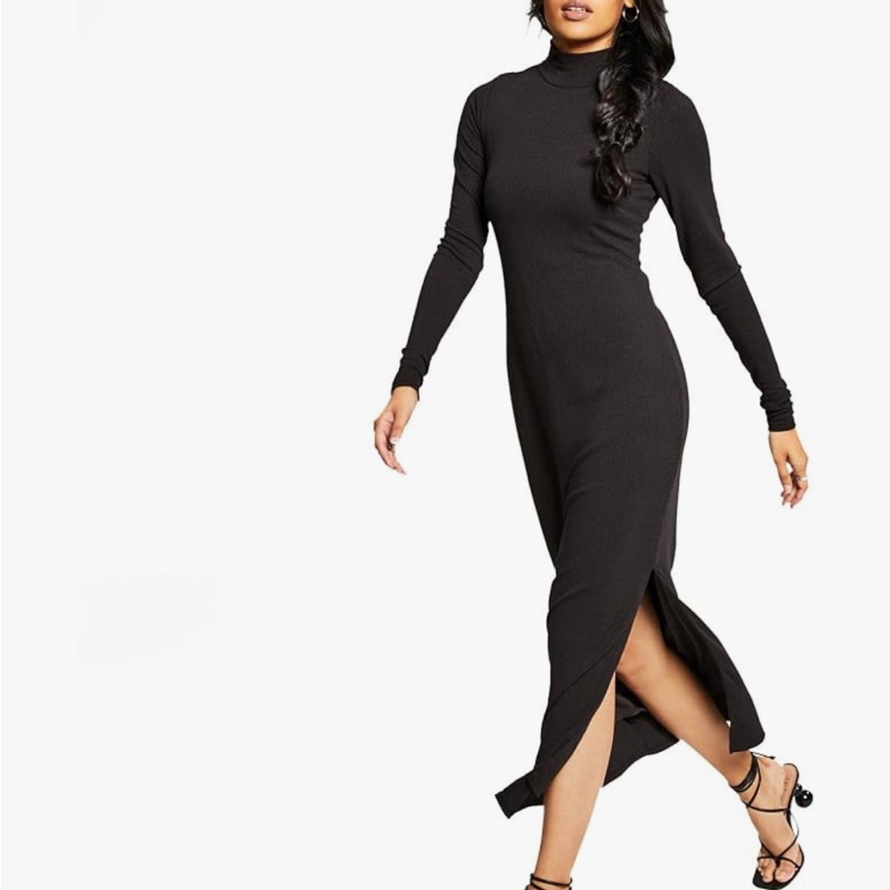 And Now This: Women’s Ribbed High-Neck Midi Dress - S